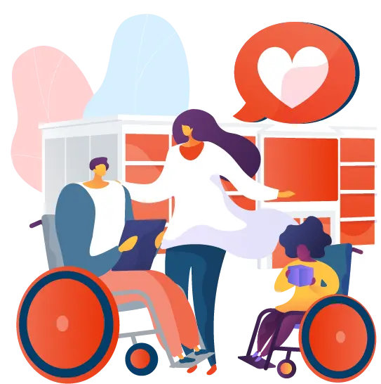 Illustration of a woman holding a laptop pointing at a pie chart with people icons around it, representing management and leadership skills