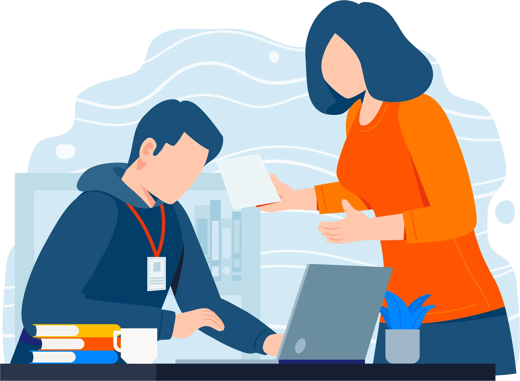 Illustration of a woman holding a laptop pointing at a pie chart with people icons around it, representing management and leadership skills